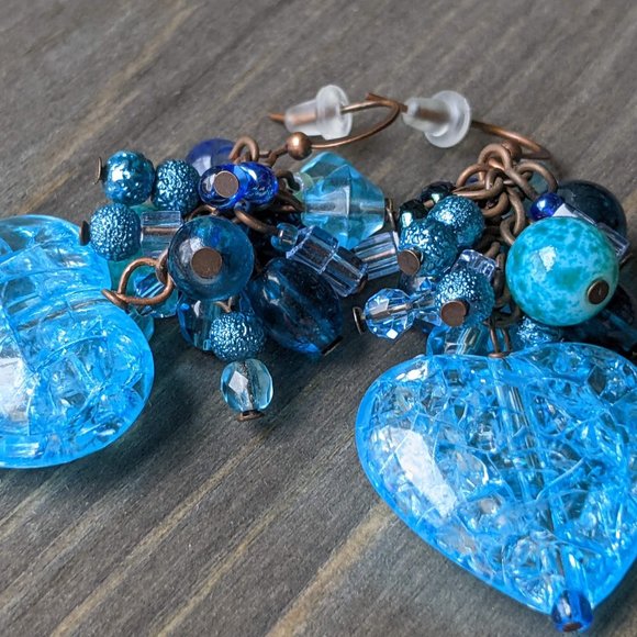 Mixed Blue Glass Bead & Blue Crackle Heart Cluster Earrings - Picture 12 of 16